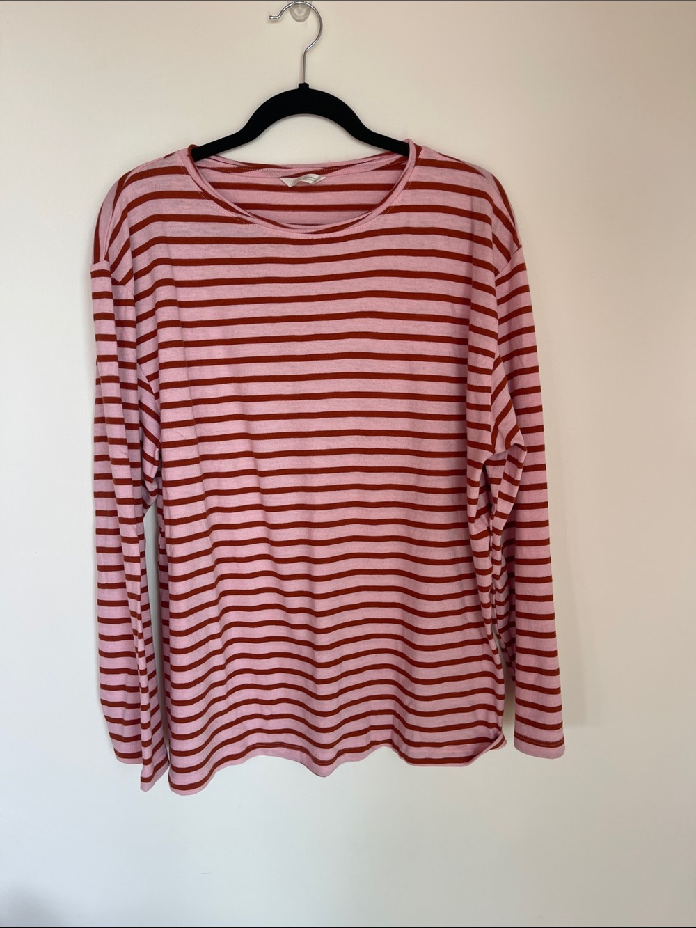 ZARA Pink and Rust Striped Crewneck Top
